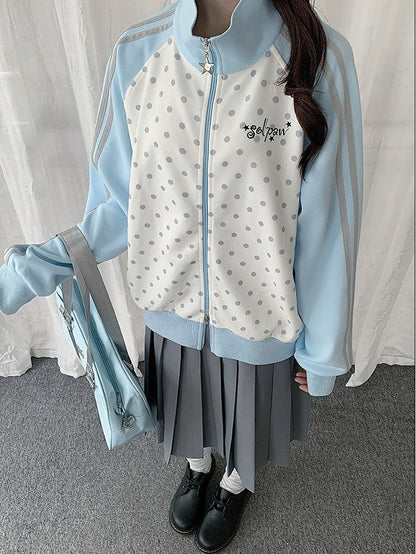 White Y2K Polka-Dot Zip-Up Jacket Featuring Stand Collar Style - Solkatt