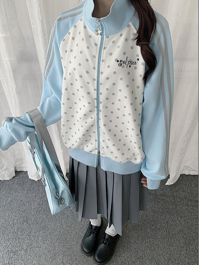 White Y2K Polka-Dot Zip-Up Jacket Featuring Stand Collar Style - Solkatt
