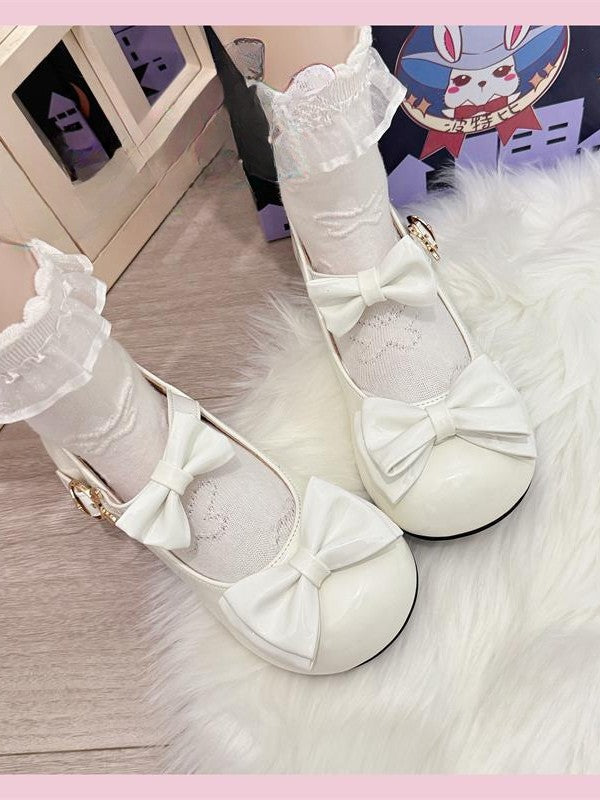 Round with Leather Shoes Lolita PU Sweet - Toe White Delicate Bow