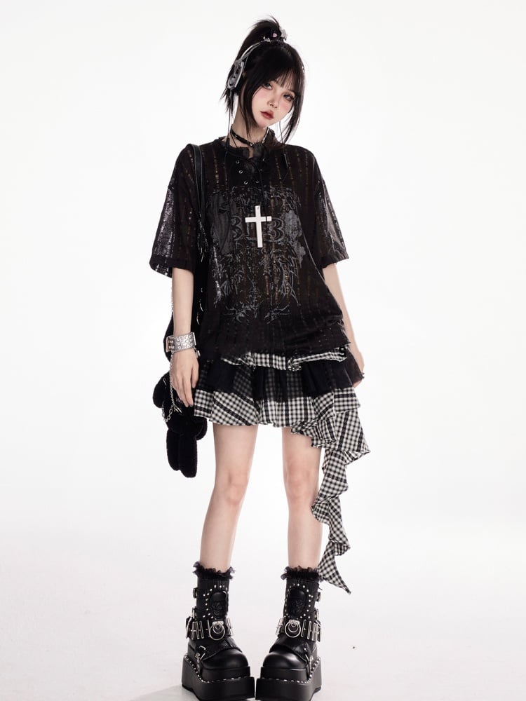 Y2K Holes Black/White Lace-up Mock Neck Distressed