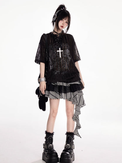 Y2K Holes Black/White Lace-up Mock Neck Distressed