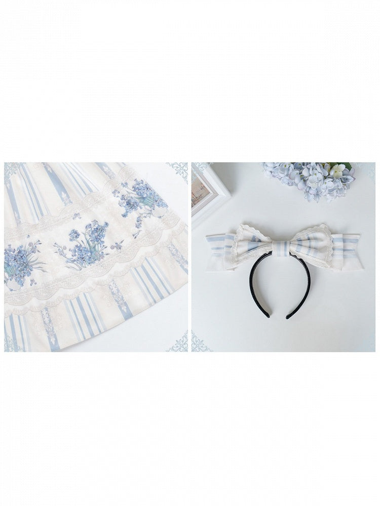 Long Blue & White Striped Floral Embroidered JSK Set with Knit Top, Belt & KC - With PUJI