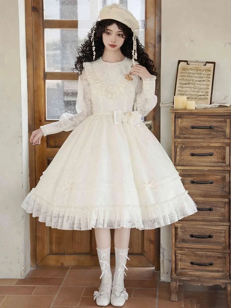 Beige Harp Embroidery Spring Semi-sheer Long Sleeves Elegant Classic Lolita Dress