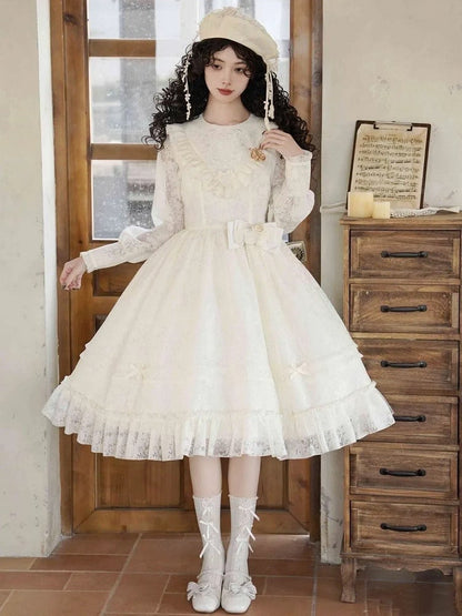 Beige Harp Embroidery Spring Semi-sheer Long Sleeves Elegant Classic Lolita Dress