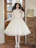 Beige Elegante Ärmel Klassische Frühling Lolita Kleid Stickerei Semi-transparent Harfe Lange