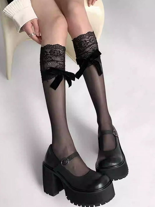Under-knee Black/White/Gray Lace Bowknot Details Trim Stockings