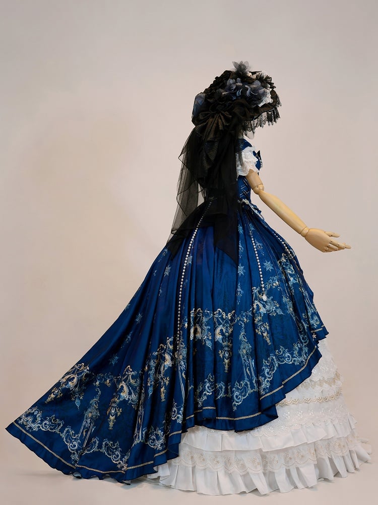Dark Blue and White Boned Corset Bodice Gorgeous Printed Train Lolita Dress Full Set