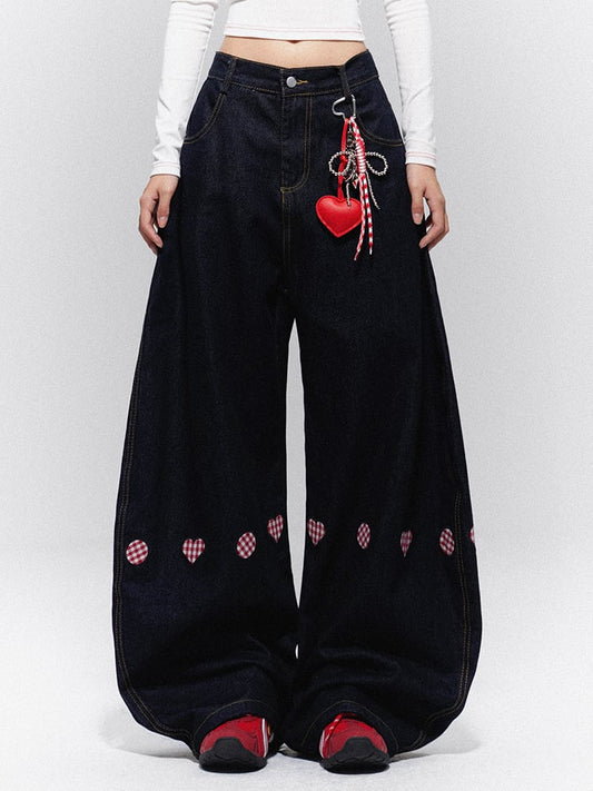 Heart Denim Black with Embroidery Vintage Wide-Leg Trousers Plaid