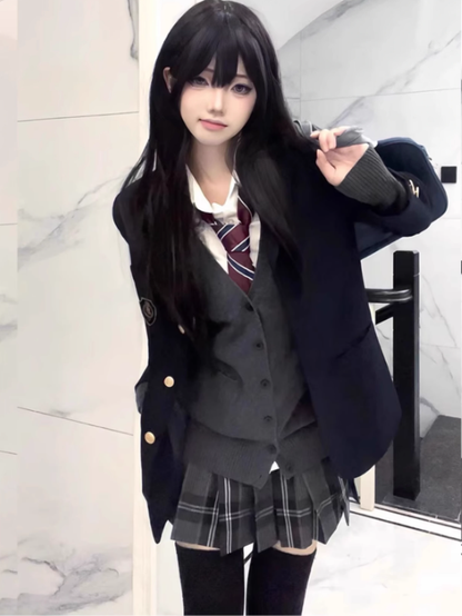 Black Plaid Pleated Uniform 42CM Pattern Skirt JK