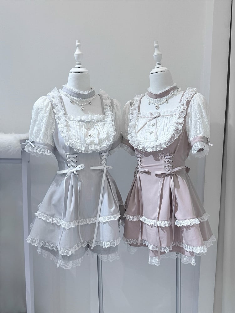 White Fashion Sleeve Two-Piece Choker Ryousangata Matching Bead Dress Shorts Short + With Gray Chain Trim Design Lace Set -
