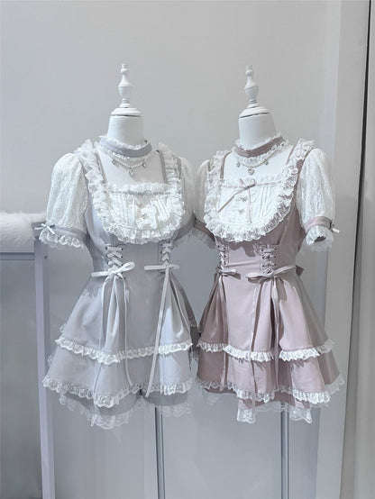 White Fashion Sleeve Two-Piece Choker Ryousangata Matching Bead Dress Shorts Short + With Gray Chain Trim Design Lace Set -
