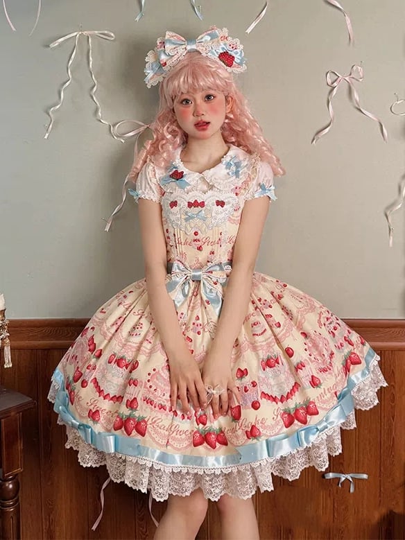 Strawberry Print Skirt Sweet Cute and Yellow Lolita Cake Jumper Dress