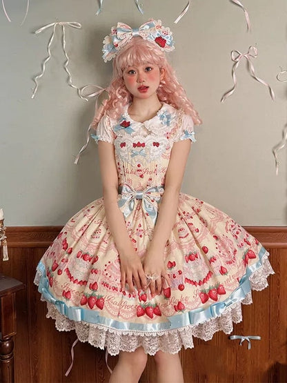 Strawberry Print Skirt Sweet Cute and Yellow Lolita Cake Jumper Dress