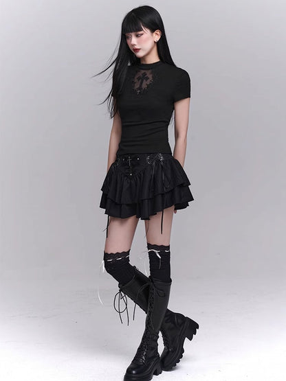 Black Coffin-shaped Cutout Cross Applique T-Shirt