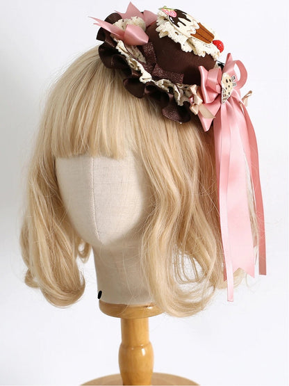 Coffee & Pink Lolita Mini Hat - Dessert-Themed Ruffled Design