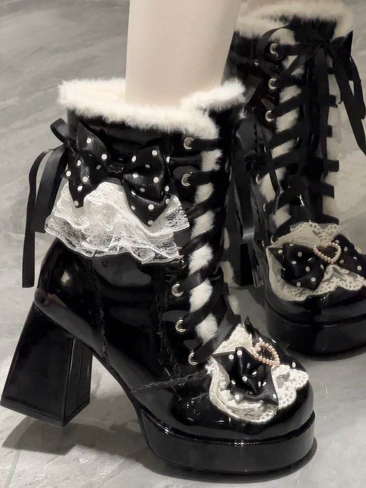 8CM High Heel Winter Boots in Black Plush with Heart Detail & Polka-Dot Bow - Witch's Night