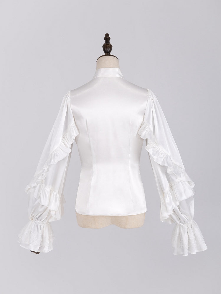Elegant White Ruffled Bodice Shirt with Flounce Trim and Long Sleeves - DevilInspired Exclusive Collection