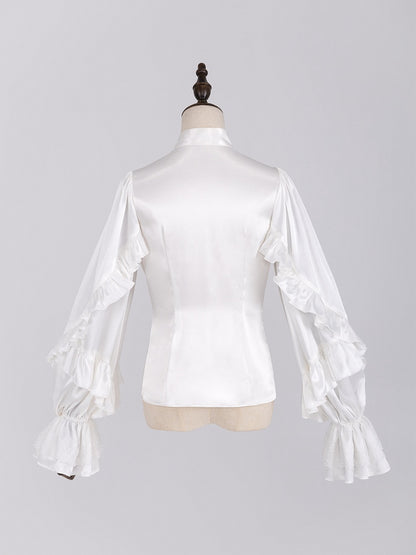 Elegant White Ruffled Bodice Shirt with Flounce Trim and Long Sleeves - DevilInspired Exclusive Collection