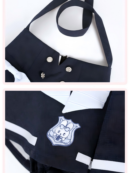 Preppy Single-Strap Pleated Skirt Blue Style Box Overall