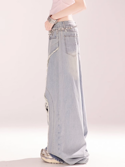 Blue Low Rise Distressed Hole Vintage Wide-leg Jeans Raw Hem