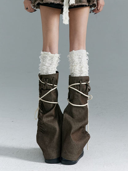 Leg Warmers with White Brown Punk Trim  Self-tie Straps