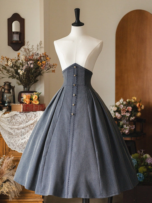 Dark Dusty Blue Spring Vintage Boned High Waist Elegant Classic Lolita Skirt
