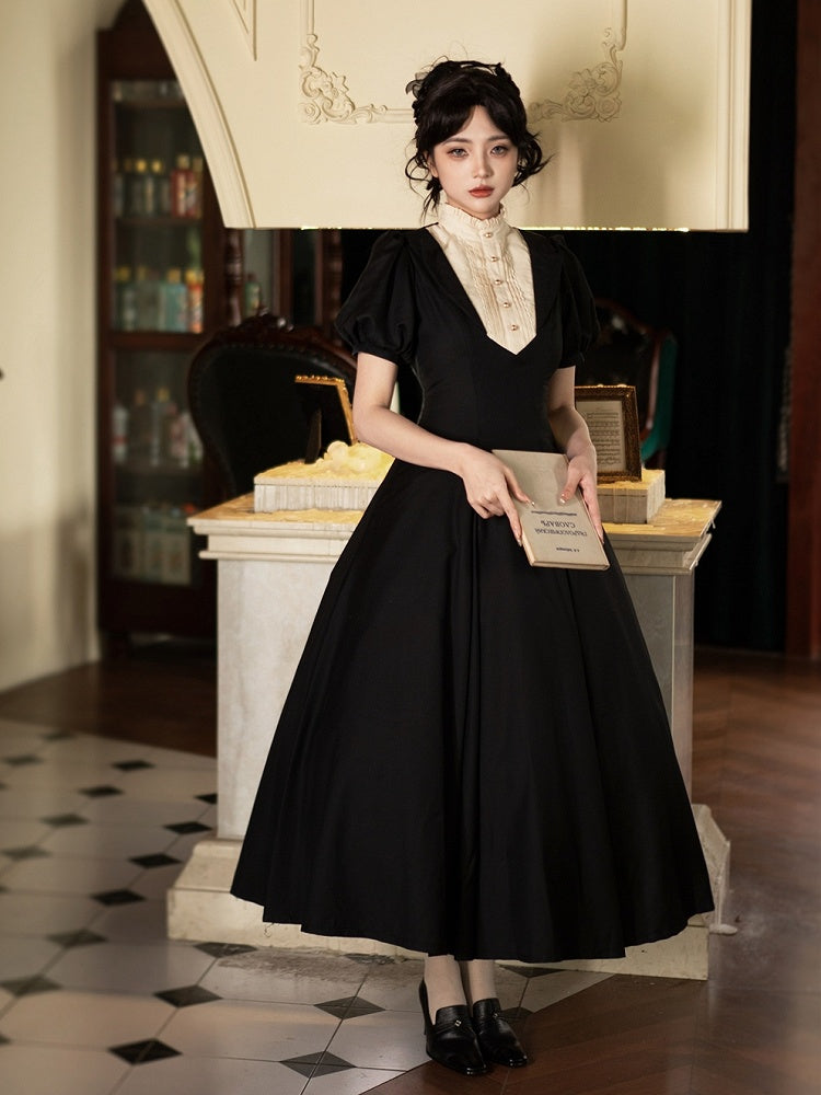 Elegant Neckline Beige Dress Waist One Piece Ruffle Sleeves Short Lolita Slim Black