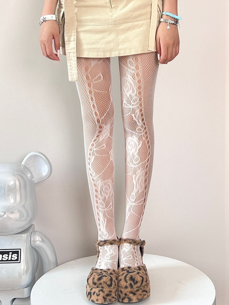Black/White/Brown Cut-out Floral Tights Y2K Pattern Design