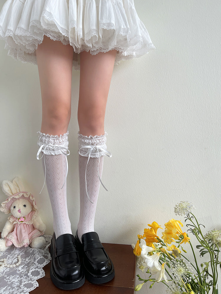 Bow Lace Colors Heart Decoration Calf Socks 4 Pattern with Trim