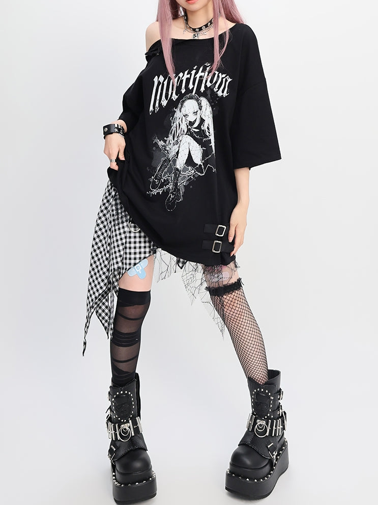 Y2K ブラック スナップディテール ネックライン アニメプリント ガール ルーズTシャツ