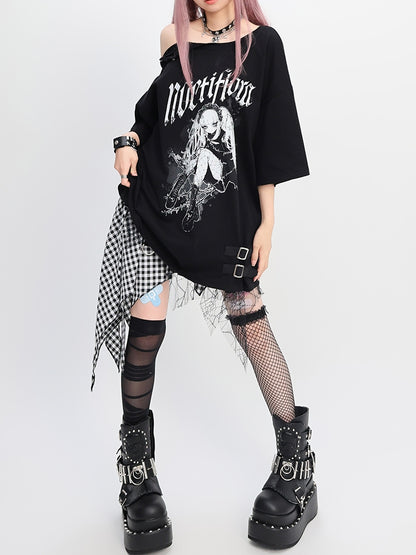 Y2K ブラック スナップディテール ネックライン アニメプリント ガール ルーズTシャツ