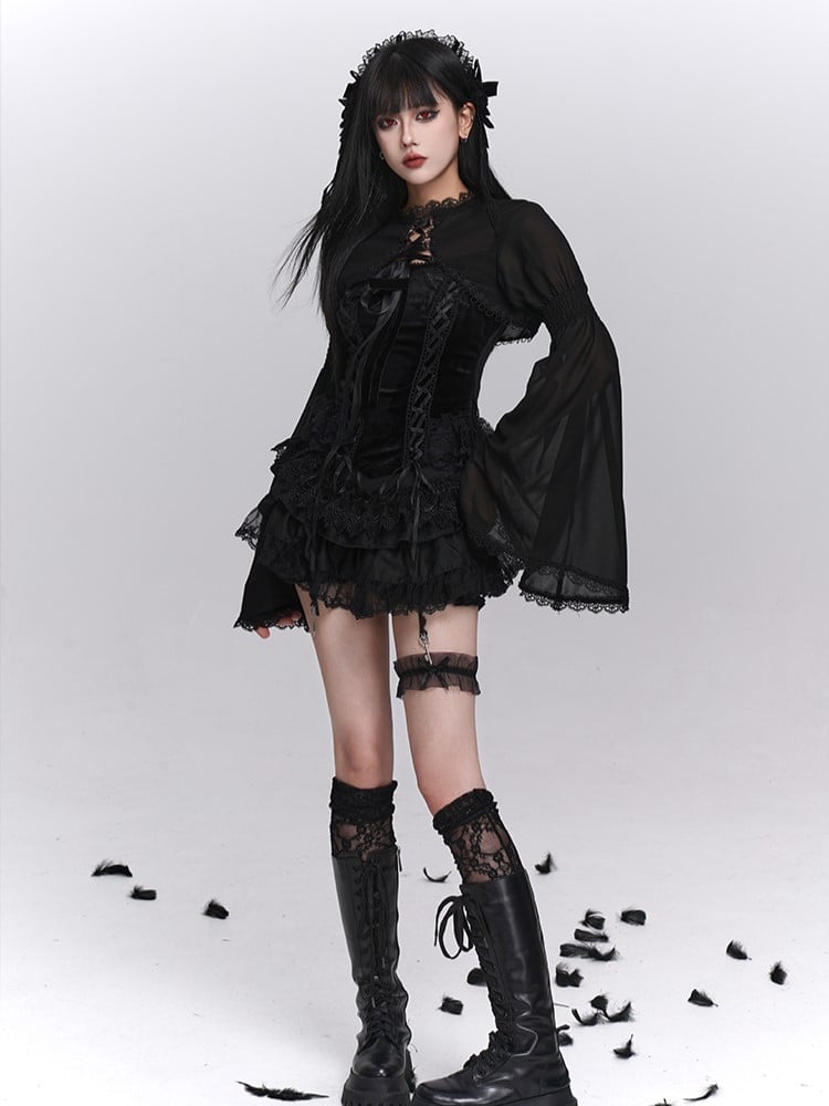 with Black Shrug Bell Sleeves Crop Lace-Trimmed Closure Gothic Cross-Tie