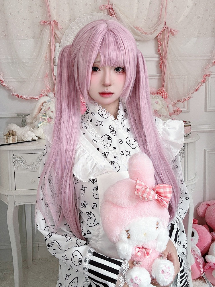 Clip Wig Pink Double Bangs Hair Short Ponytails Full with Claw