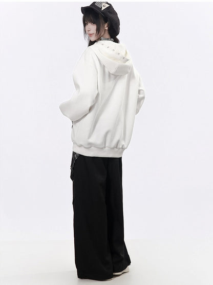 White Graffiti Zip-Up Hoodie with Plaid Kangaroo Pocket & Metal Eyelets - PINK SAVIOR