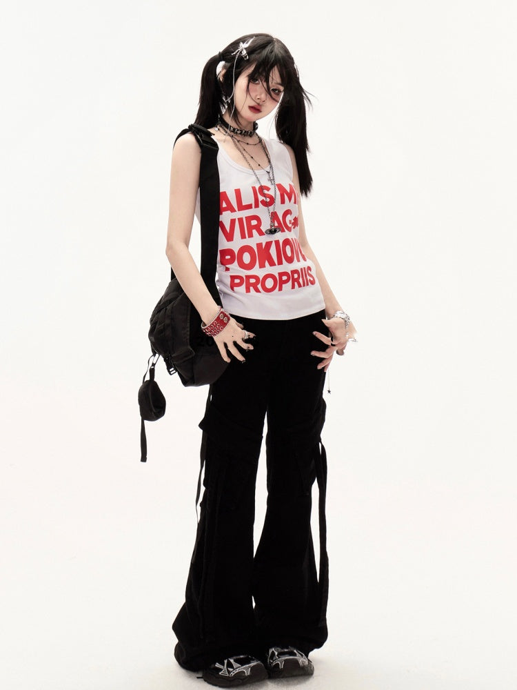 ブラック ローライズ スリムフィット フレア カーゴパンツ