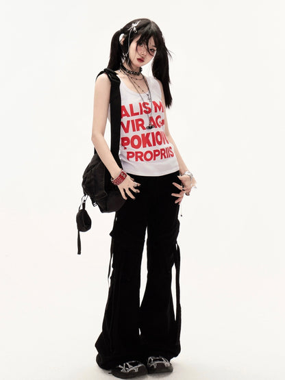 ブラック ローライズ スリムフィット フレア カーゴパンツ