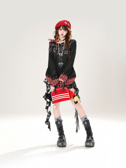 Asymmetrical Neckline Puppy Print Beige/Black Plaid Hem