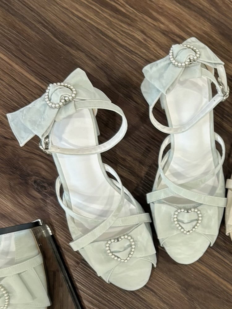 Accents Green Beaded Crisscross Sandals Heel High with Straps Bow - Sweet Lolita Heart Block