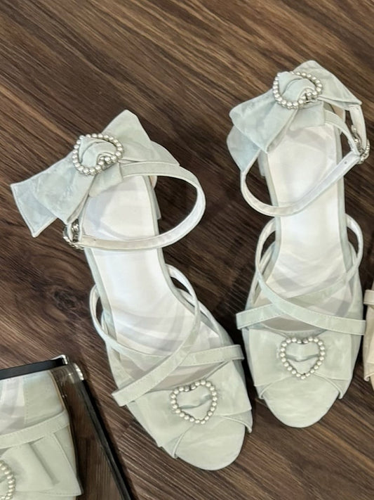 Accents Green Beaded Crisscross Sandals Heel High with Straps Bow - Sweet Lolita Heart Block