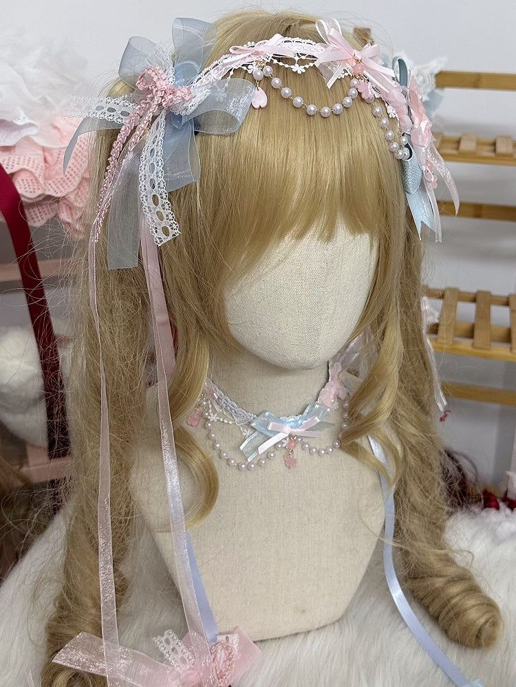 Blue with Sweet Lolita Bow Pink Sakura and Choker Pendant Bead Chain