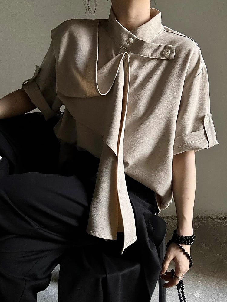 Button Unisex Khaki Extended Short Sleeve Shirt with Collar Stand