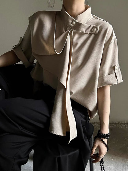 Button Unisex Khaki Extended Short Sleeve Shirt with Collar Stand