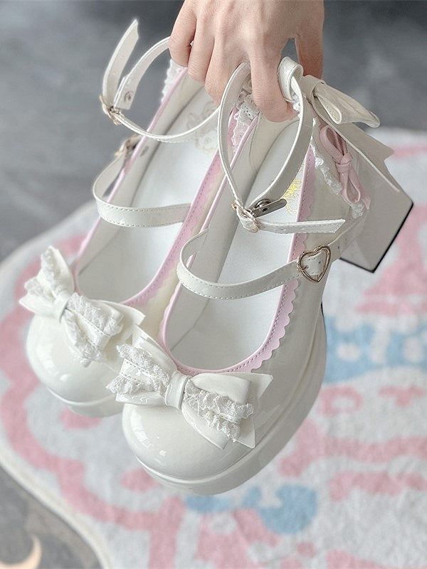 Elegant in - Shoes Decor Lolita Bow High Block Snap Platform Round-Toe Heel Heart-Shaped White