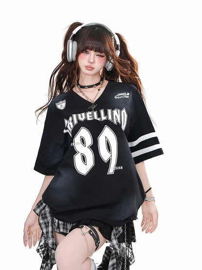 Black V-neck Number Print Loose T-shirt