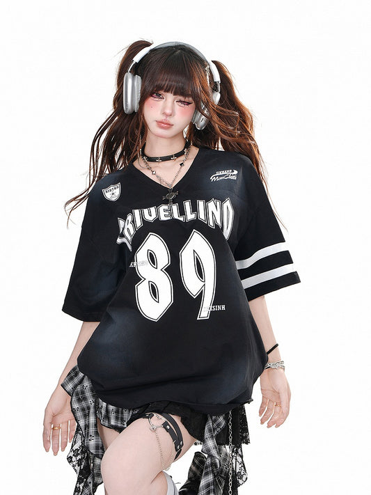 Black V-neck Number Print Loose T-shirt