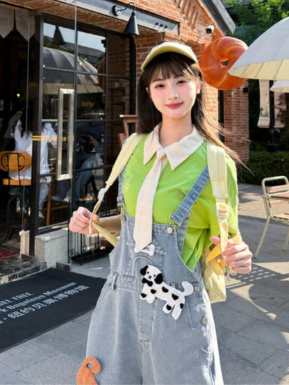 ライトブルーのハイウエストの愛らしい動物のアップリケデニムオーバーオール