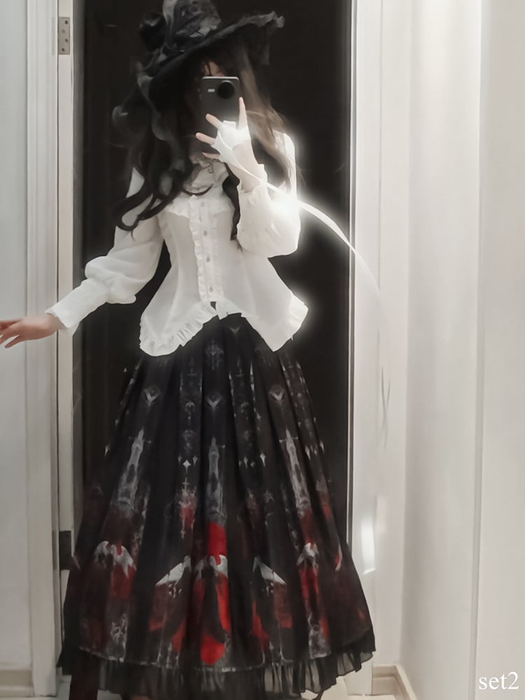Black Angel Ruffled Pleat Box Gothic Skirt Red and Blouse Set Printed