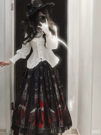 Black Angel Ruffled Pleat Box Gothic Skirt Red and Blouse Set Printed