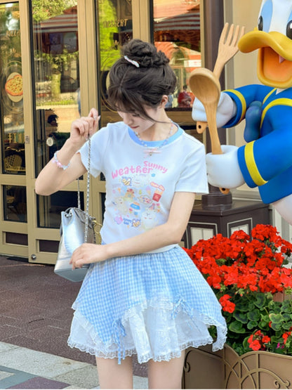 Contrast Lace Patches Blue Plaid Elastic Waist Bowknot Details Skirt