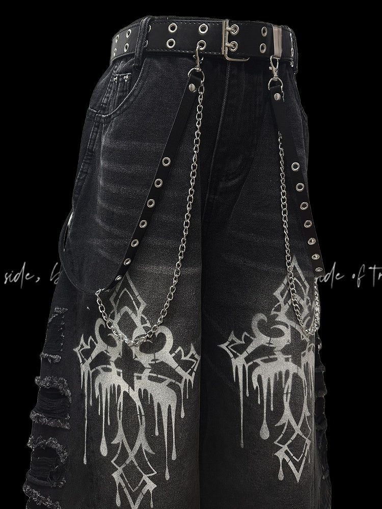 Weite Jeans mit Saum, dunkelgrau, Kreuzdruck, Distressed-Löcher